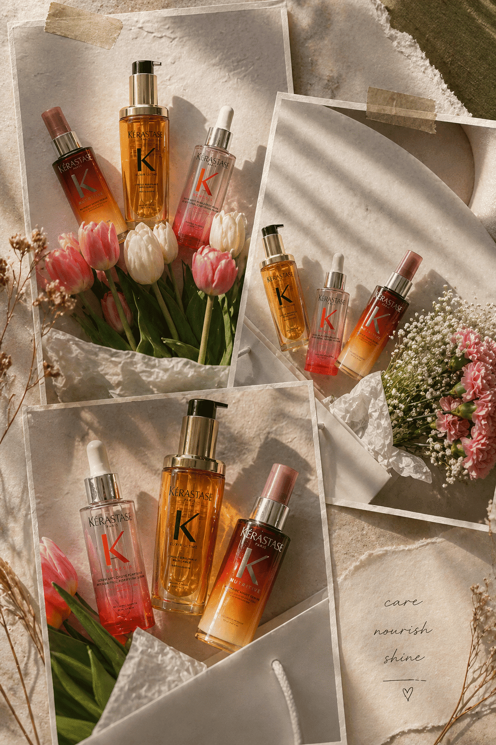 Haircare products and tulips arranged on a textured surface.