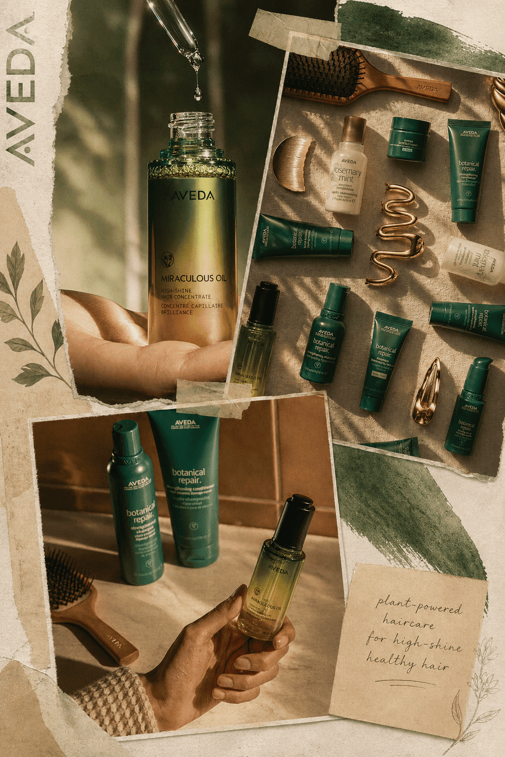 Plant-based haircare products for shiny, healthy hair displayed with natural accents.